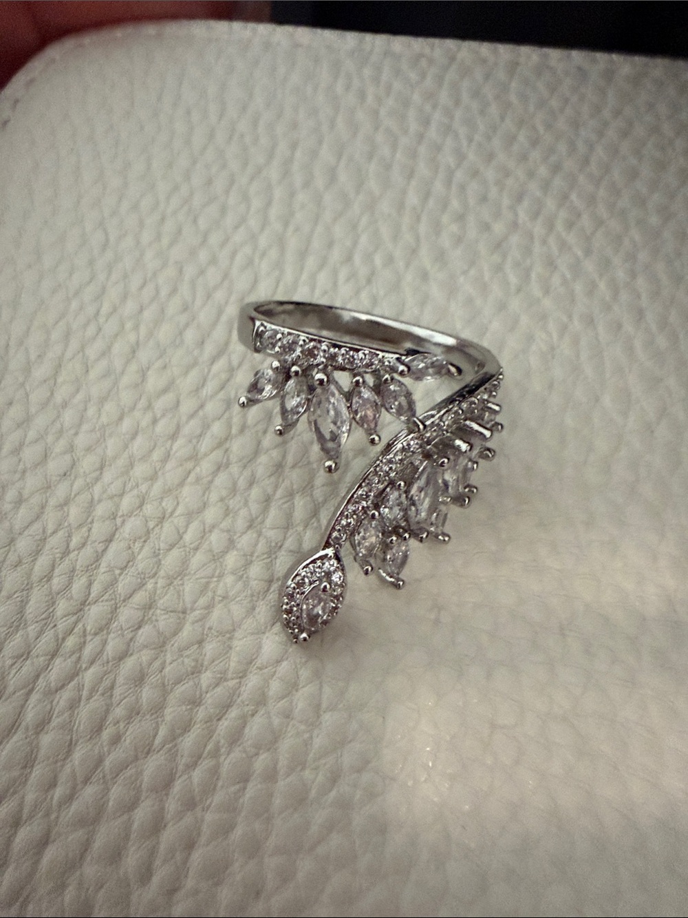 Silver Tone and White Topaz Crystal Leaf Wrap Ring - 18K White Gold Fill *NEW